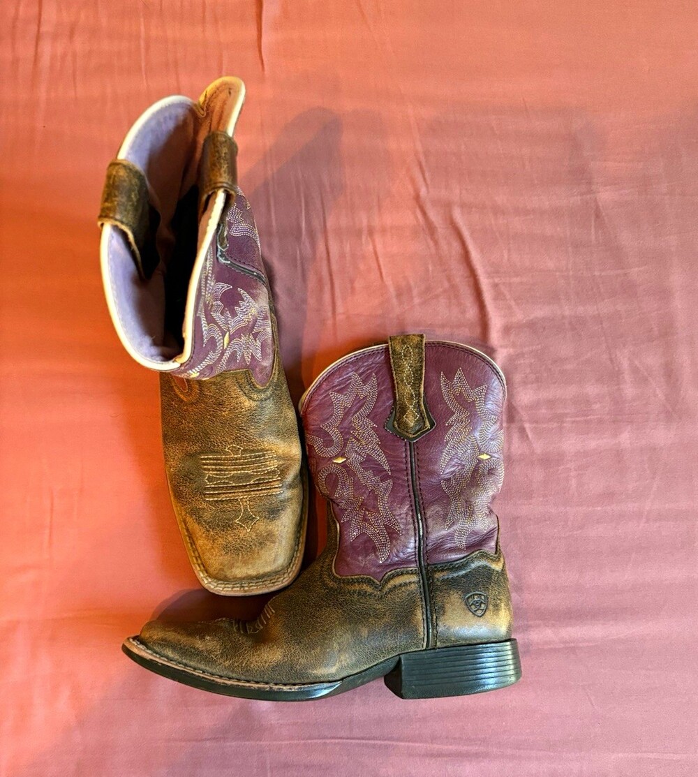 Ariat Kids Western Leather Boots Embroidered Pull-On Mid-Calf US 1 Brown